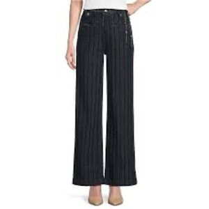 Karl Lagerfeld Paris Pinstripe Wide Leg Pants Chain Belt Navy Size 4 NEW